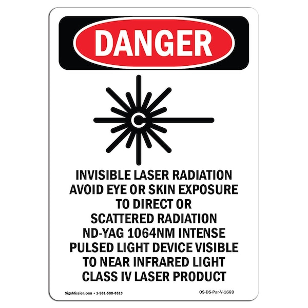 Signmission OSHA Danger Sign, Invisible Laser Radiation, 10in X 7in Rigid Plastic, 7" W, 10" H, Portrait OS-DS-P-710-V-1669 - main